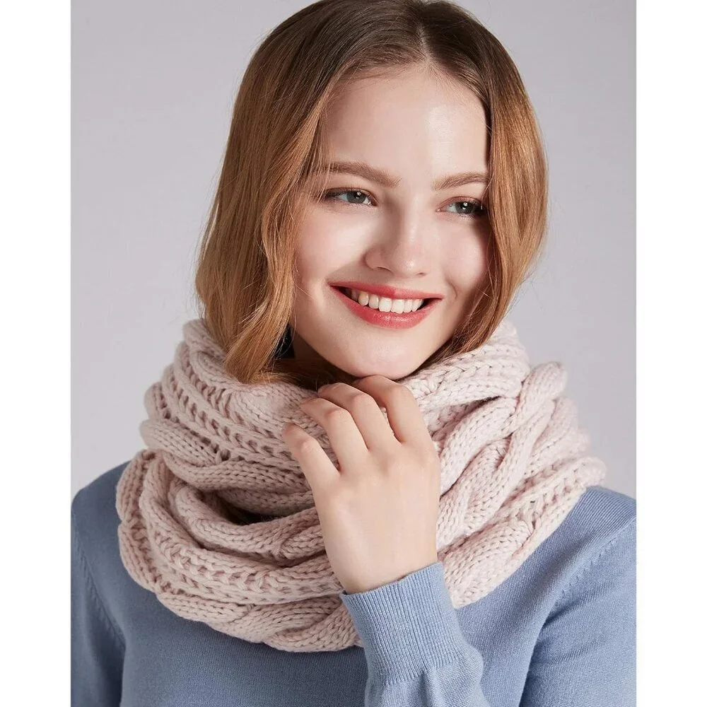 Women's Twist Light Pink Thick Ribbed Knit Winter Infinity Circle Loop Scarf
